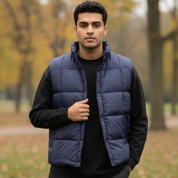 Lands’ End Down Vest Navy Blue Goose Down Feather Fill Men’s L 42-44 Pockets - Picture 1 of 16